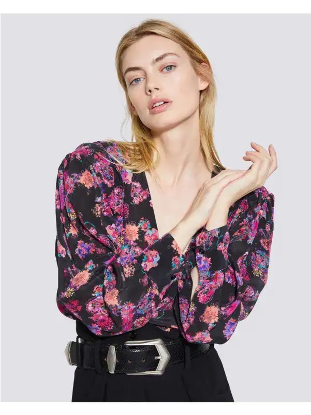 IRO Paris Floral V-Neck Blouse - Black/Pink 34 small medium